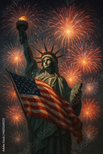 Celebrate freedom and diversity with the iconic Statue of Liberty illuminated by fireworks, symbolizing American pride and unity.
