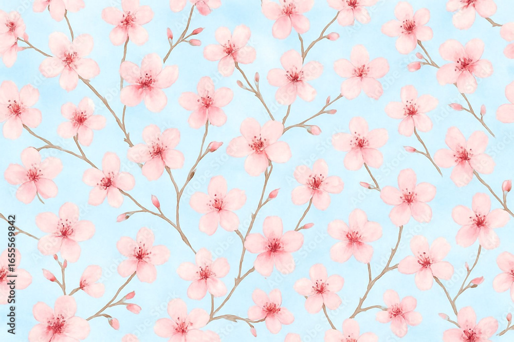 Fototapeta premium Soft pastel floral pattern with delicate pink blossoms and green leaves