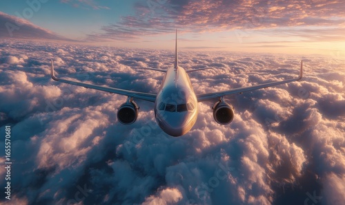 Jet plane soars through clouds at sunrise