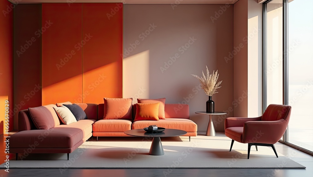 Fototapeta premium Modern living room with coral colored sectional sofa and accent chair.