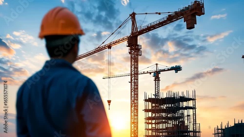 Construction worker crane building sunset silhouette helmet steel structure and safety engineering site create dramatic scene