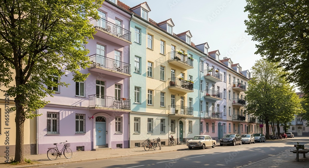 Fototapeta premium Pastel-Colored Apartment Buildings on a Sunny Street, Berlin