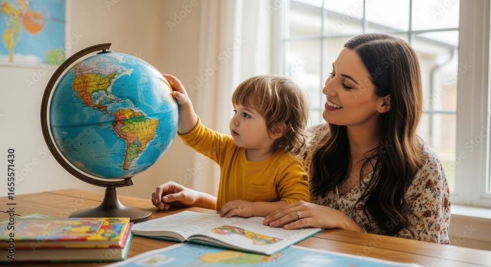 Fototapeta premium A young child and a woman looking at a globe in a cozy living room.