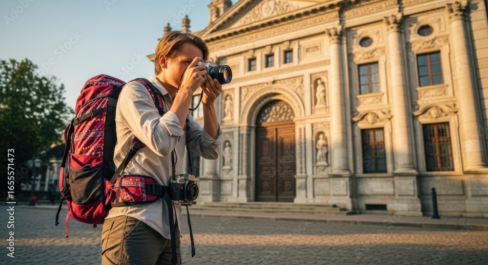 Obraz premium A man with a backpack taking a photo in front of a historic building.