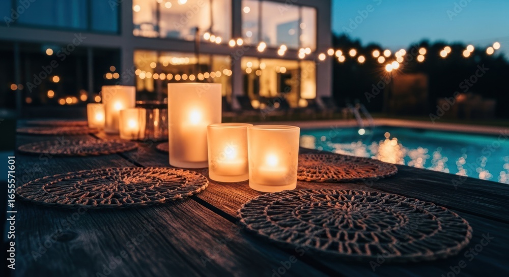 Fototapeta premium Outdoor dining table with candles near a pool at dusk