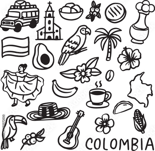 Set of doodle-style vector illustrations of representative elements of Colombia. Hand-drawn
