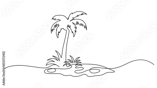 Continuous One Line drawing of a tropical island with palm tree.