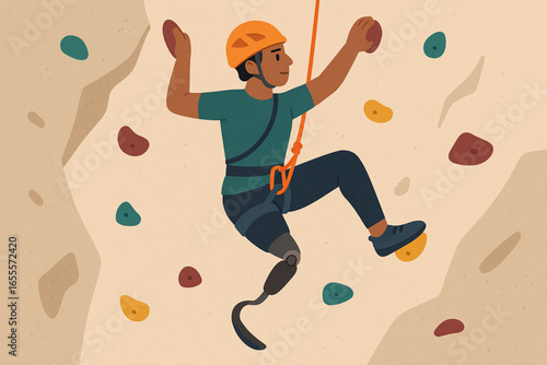 Flat animated para-athlete in adaptive rock climbing gear vector illustration