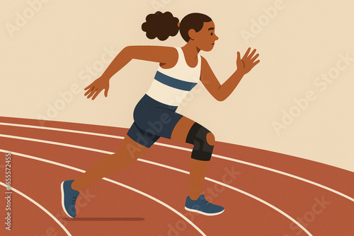 Flat animated track athlete wearing knee brace vector illustration