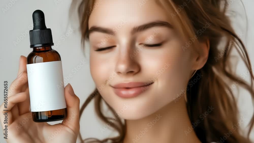 Close up of a light skin woman holding a brown dropper bottle in studio lighting against a neutral light beige background with copy space and selective focus.