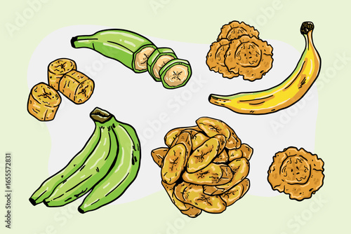 illustration of plantains, plantain chips, patacones or tostones