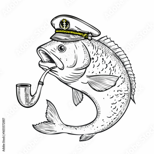 Fish man sailor with a pipe vintage engraving sketch illustration with detailed retro line art of a nautical humanoid character, perfect for fantasy themes, maritime artwork, vintage folklore prints, 