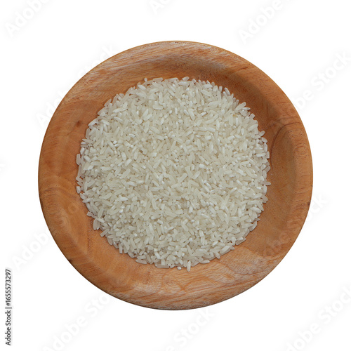 Rice on wooden plate on transparent background
