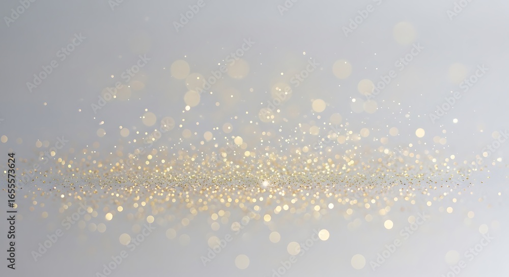 Obraz premium Ethereal golden bokeh and glitter cascade on a soft gray gradient background