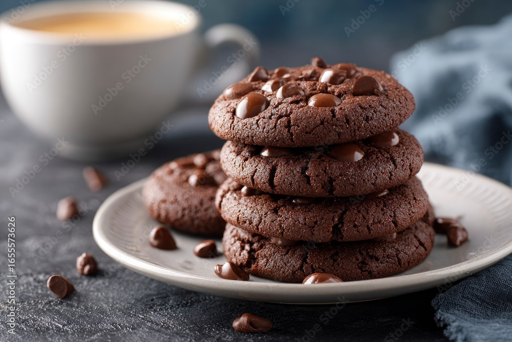 Fototapeta premium A stack of four chocolate chip cookies on a white plate next to a white mug