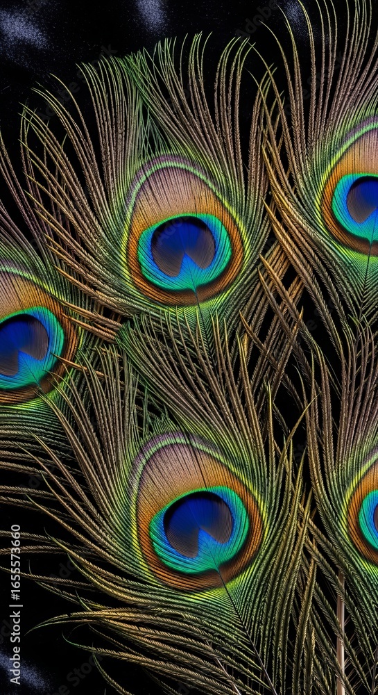 Fototapeta premium Closeup of iridescent peacock feathers displaying intricate patterns and texture