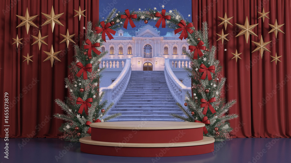 Fototapeta premium Festive christmas stage decorated with stars curtains and a beautiful winter palace backdrop