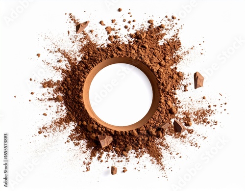 A vibrant splash of cocoa powder forming a circular pattern.