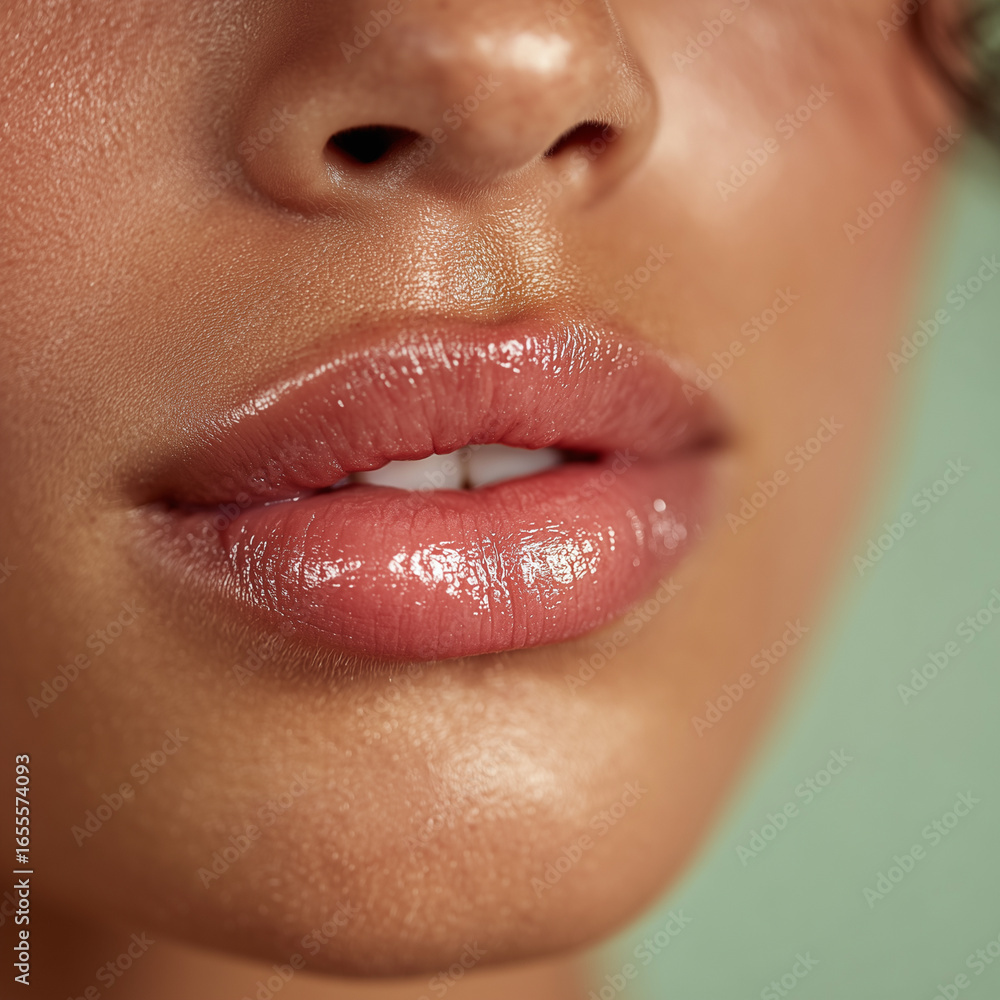 Obraz premium Glossy lips close-up with soft lighting