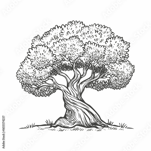 Old olive tree vintage engraving sketch illustration with detailed retro line art of a historic Mediterranean tree, perfect for botanical themes, agriculture artwork, vintage nature prints, culinary 