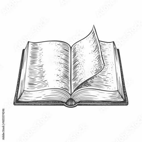 Open book with cover and turning pages vintage engraving sketch illustration with detailed retro line art of literature in motion, perfect for education themes, storytelling artwork, 