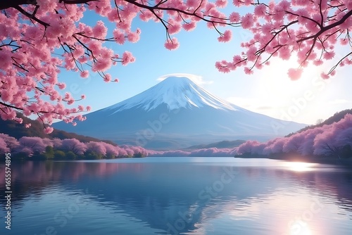 Beautiful view of Mount Fuji with pink cherry blossoms in full bloom reflecting on calm lake water – iconic Japan spring landscape
