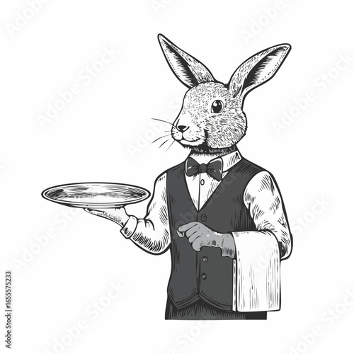 Rabbit waiter vintage engraving sketch illustration with detailed retro line art of an anthropomorphic bunny dressed as a server, perfect for whimsical themes, restaurant artwork, 