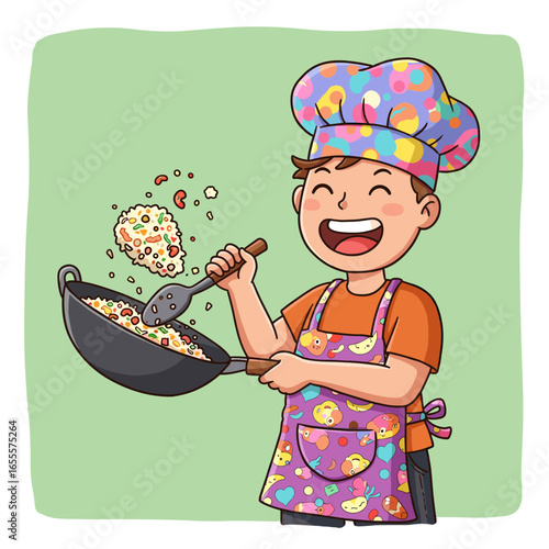 Cartoon chef in colorful apron and hat tossing food in a black wok with a spatula, set against a light green background.