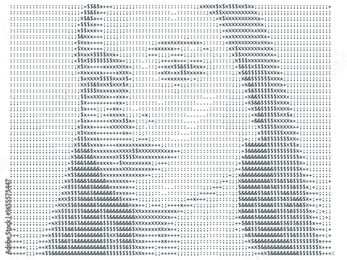 Creative ASCII art portrait made with text characters in black and white, digital abstract typography design.