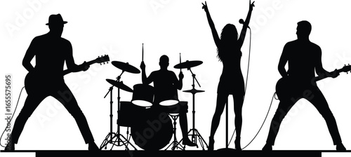 Silhouette of Rock Band Performing on Stage with Singer, Guitarists, Drummer, Music Concert, Entertainment Show, Live Performance, Musical Group, Vector Illustration