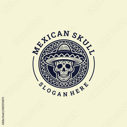 Mexican skull logo with vintage cultural flair, symbolizing tradition, festivity, and timeless spirit.