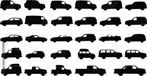 Collection of Vehicle Silhouettes Including SUV, Van, Pickup, Convertible, Hatchback, Car Icons for Transport, Automotive Design, Delivery, Commercial Use, Vector Art