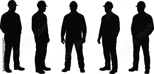 Silhouette of Construction Workers in Safety Helmets Standing in Different Poses, Industrial Team Concept, Safety First, Labor Force, Worker Unity
