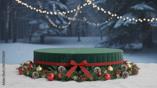 Festive christmas stage with a green platform decorated with ornaments and snow in background.