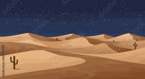 Pixelated desert sand dunes stretch beneath a starlit night sky dotted with cacti