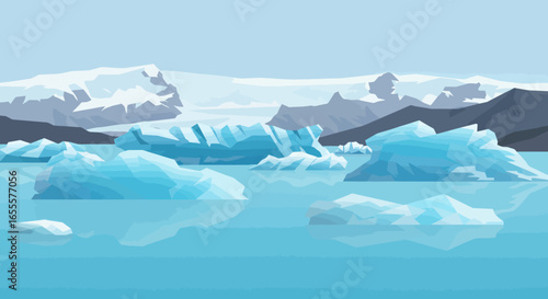 Pixelated icebergs float on blue water snowcapped mountains behind