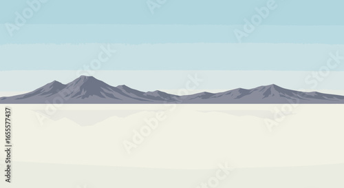 Pixelated mountains stretch under a muted sky their reflections mirroring on the stark ground