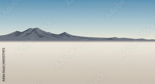 Pixelated mountains across a flat beige plain under a blue sky