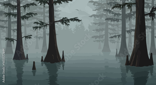 Pixelated swamp scene featuring tall trees rising from murky water under a misty sky