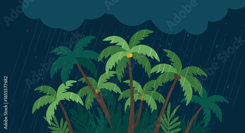 Rain falls on a grove of stylized tropical palm trees beneath a dark cloud