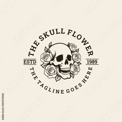 Skull rose flower logo with vintage gothic charm, symbolizing beauty, mystery, and timeless strength.