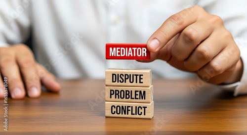 Mediator helping resolve dispute, problem, and conflict with wooden blocks