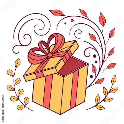 A gift box with ribbon and decorative floral elements isolated on white background