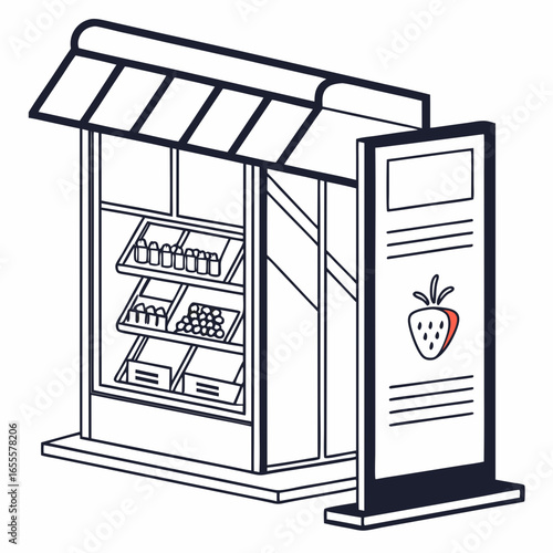 Fruit and produce store isolated on white background with a strawberry sign, modern and simple design style, vector illustration