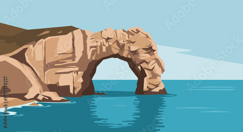 Rock arch juts from sea tan cliffs blue water and sky