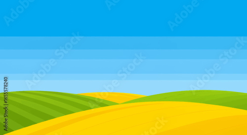 Rolling green and yellow hills under a blue sky create a countryside landscape