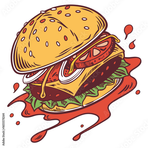 Illustration of a delicious burger with cheese, tomato, lettuce, onion, and sauce on a sesame seed bun, isolated on white background