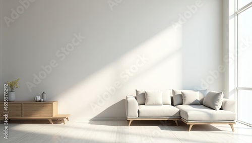 Wallpaper Mural Modern living room interior with light beige sectional sofa and wooden cabinet. Torontodigital.ca