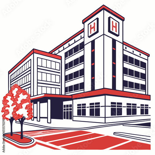 Illustration of a modern hospital building with parking lot and trees isolated on white background, showcasing its architectural design
