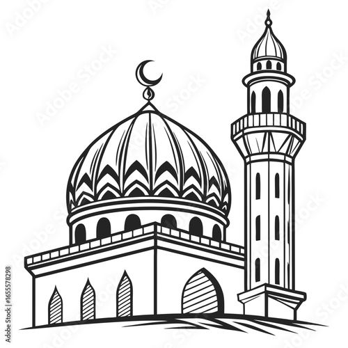 Illustration of a mosque with a dome and minaret, a place of worship for muslims, isolated on white background